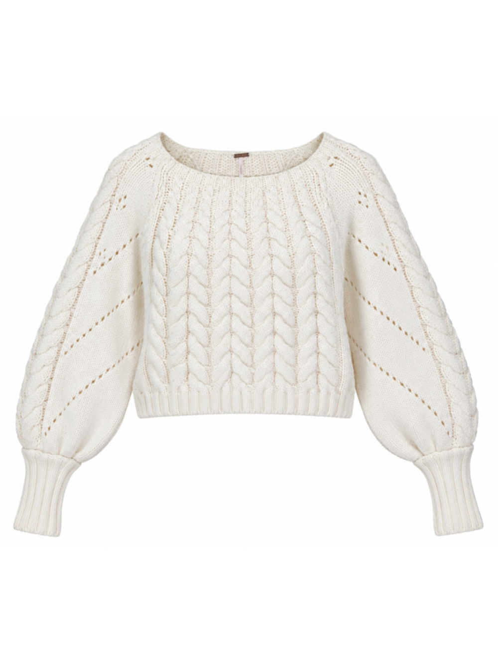 Free People Sandre Cable Knit Cropped Sweater Small Ivory Balloon Sleeves